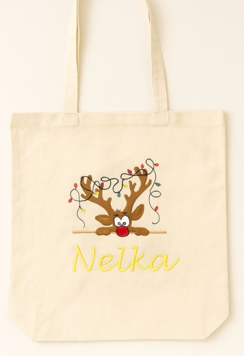 Torba bawełniana z haftem "Renifer z lampkami" - rozmiar mały - 38x42x8cm